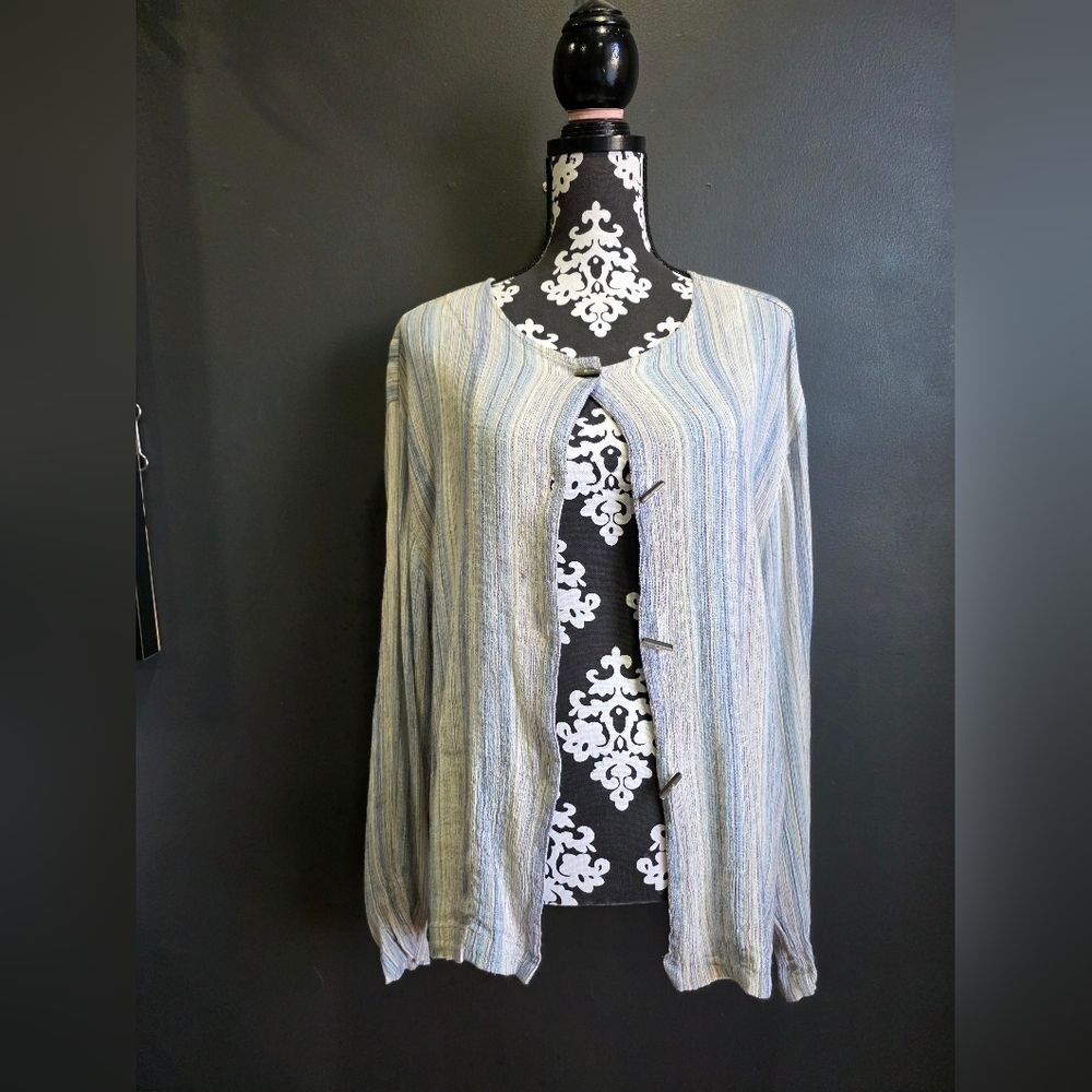J. Jill Linen Blend Blue Tan Striped Button Down Lagenlook Long Sleeve Top Sz XL